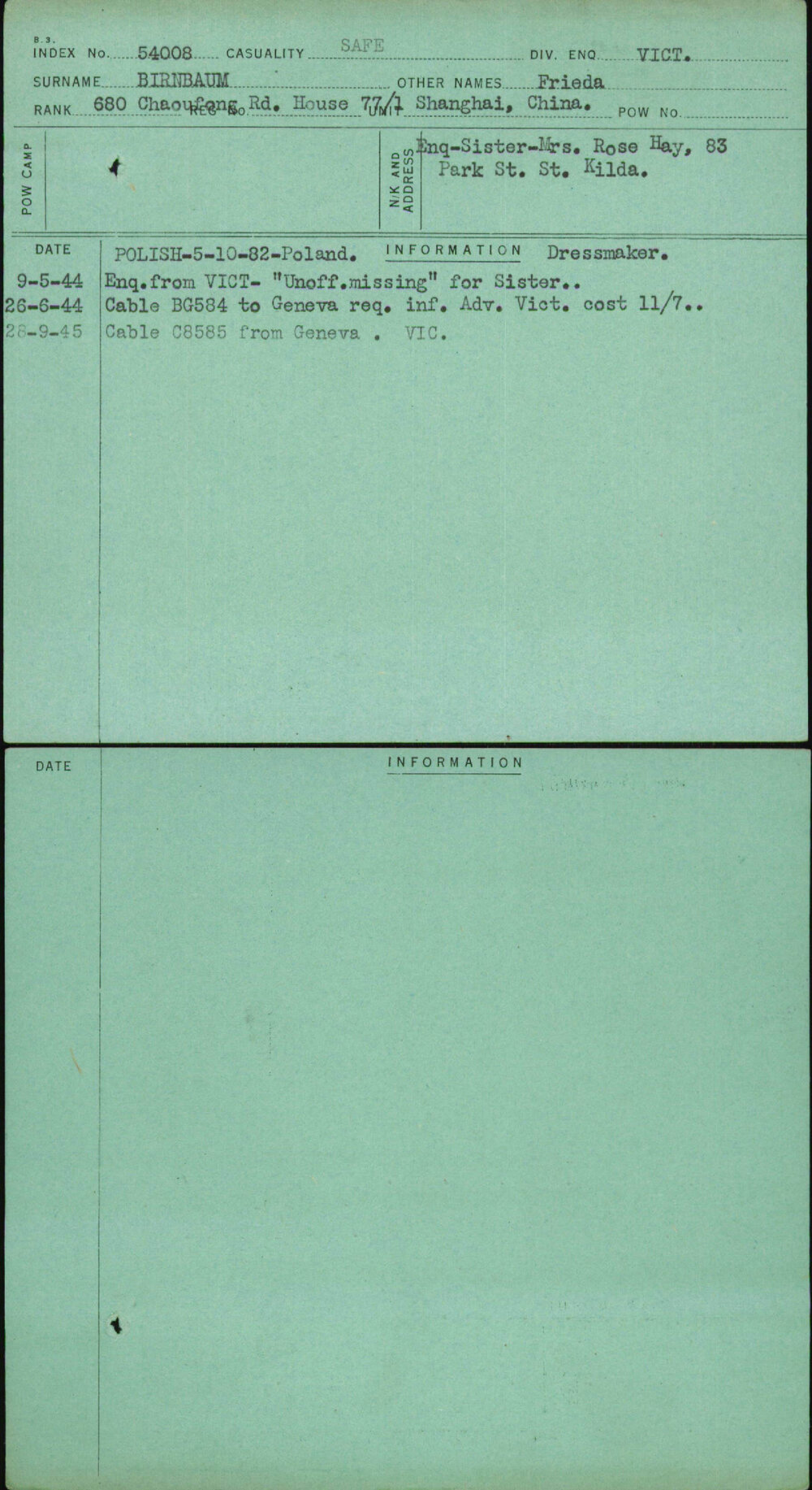 Birnbaum, Frieda, [No Service Number]