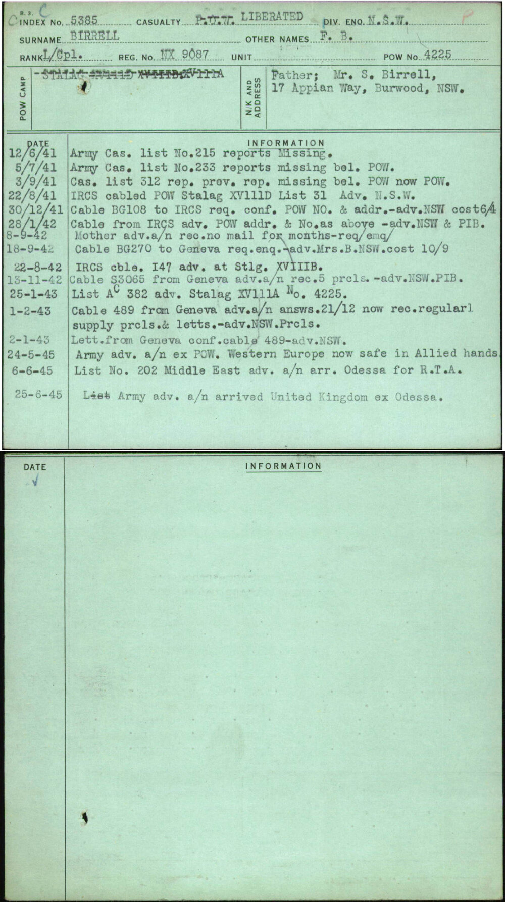 Birrell, F B, NX9087