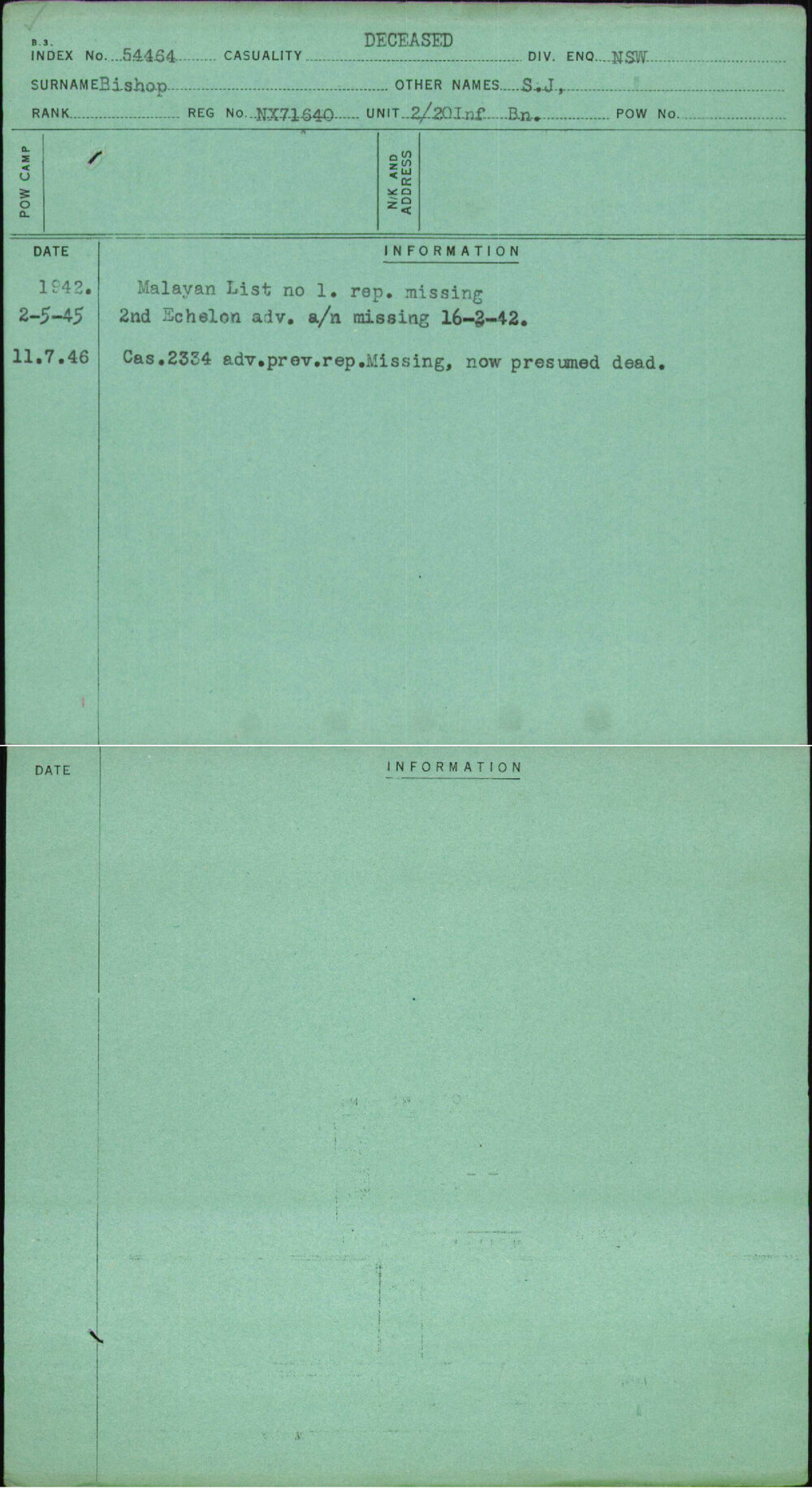 Bishop, S J, NX71640