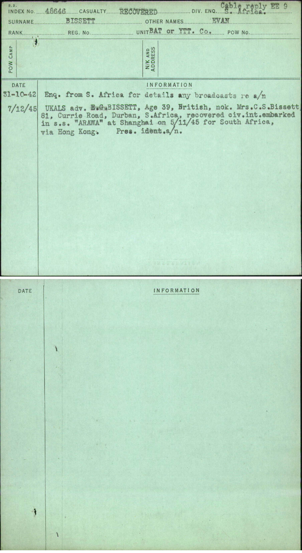 Bissett, Evan, [No Service Number]
