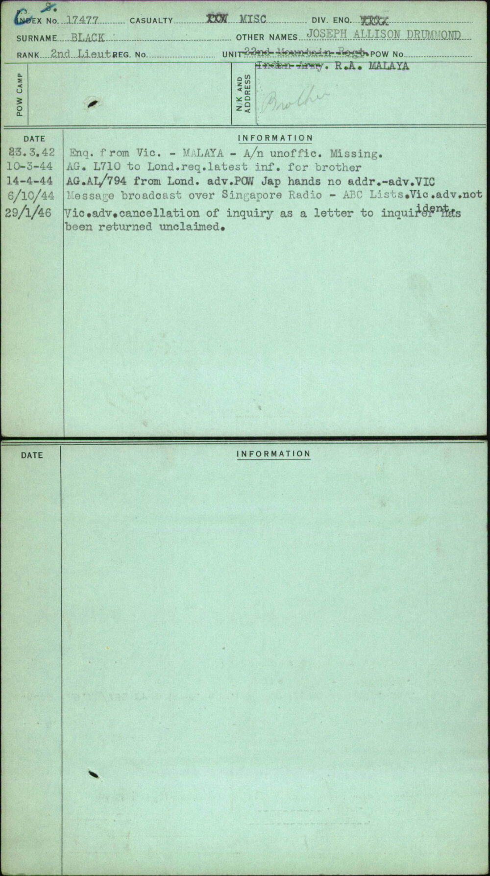 Black, Joseph Allison Drummond, [No Service Number]