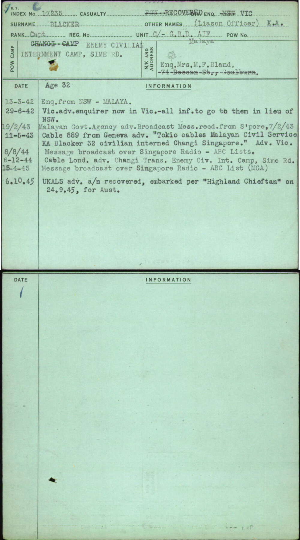 Blacker, (Liason Officer) K A, [No Service Number]