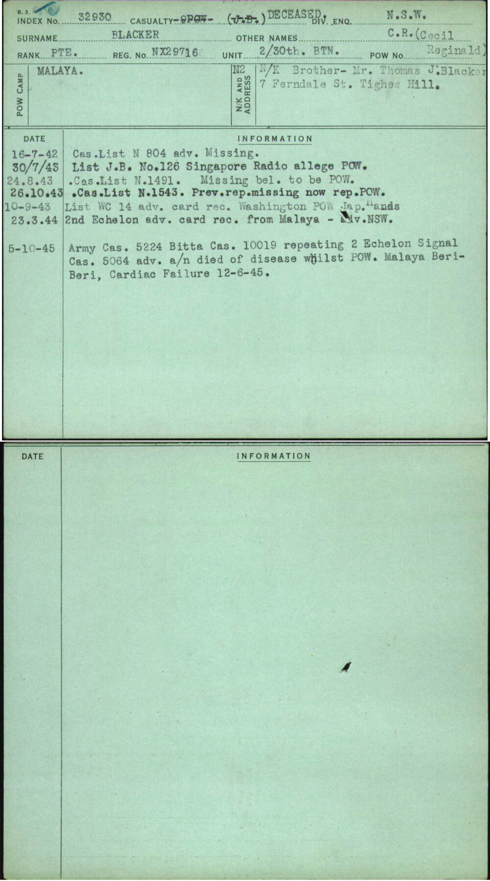 Blacker, C R (Cecil Reginald), NX29716