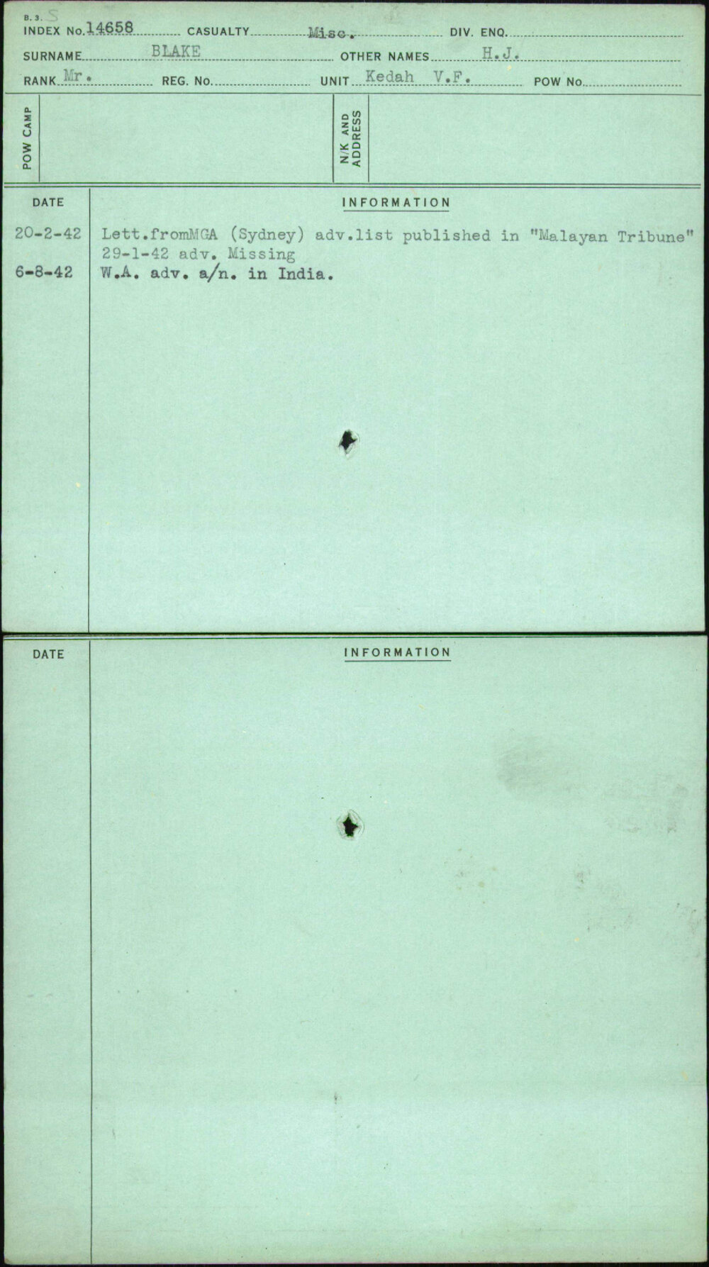 Blake, H J, [No Service Number]