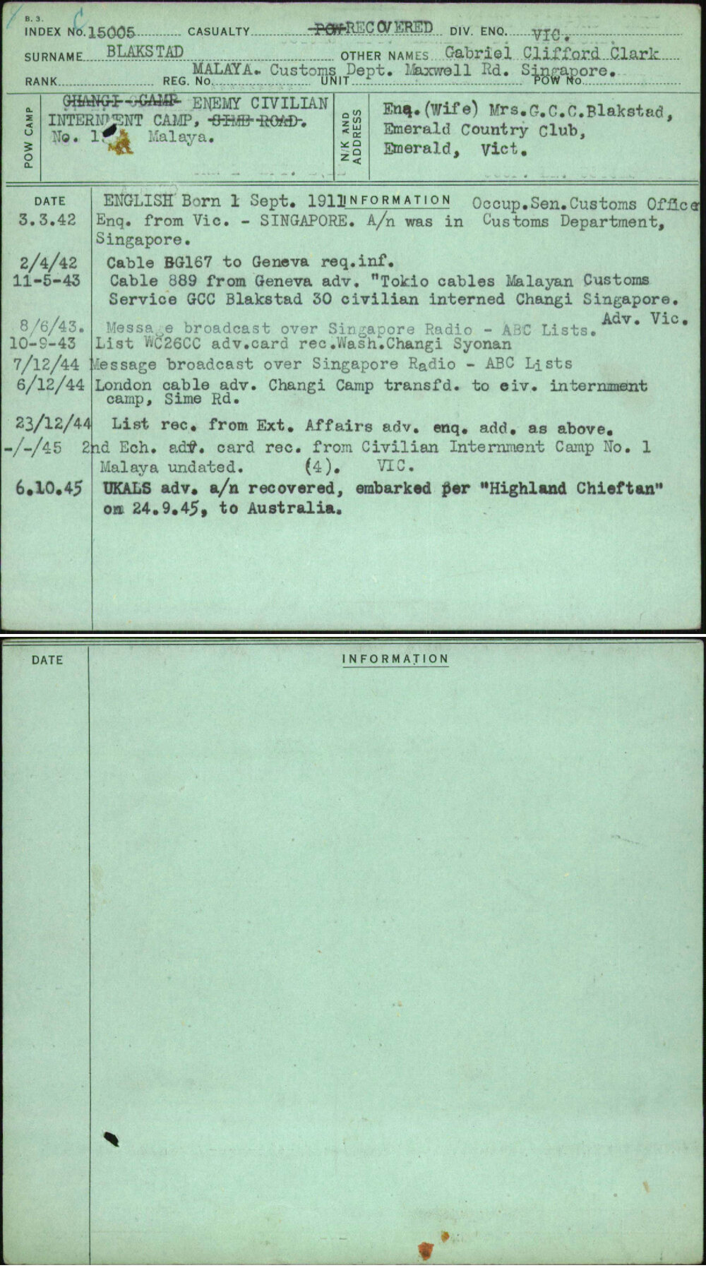 Blakstad, Gabriel Clifford Clark, Malaya Customs Dept Maxwell Rd Singapore