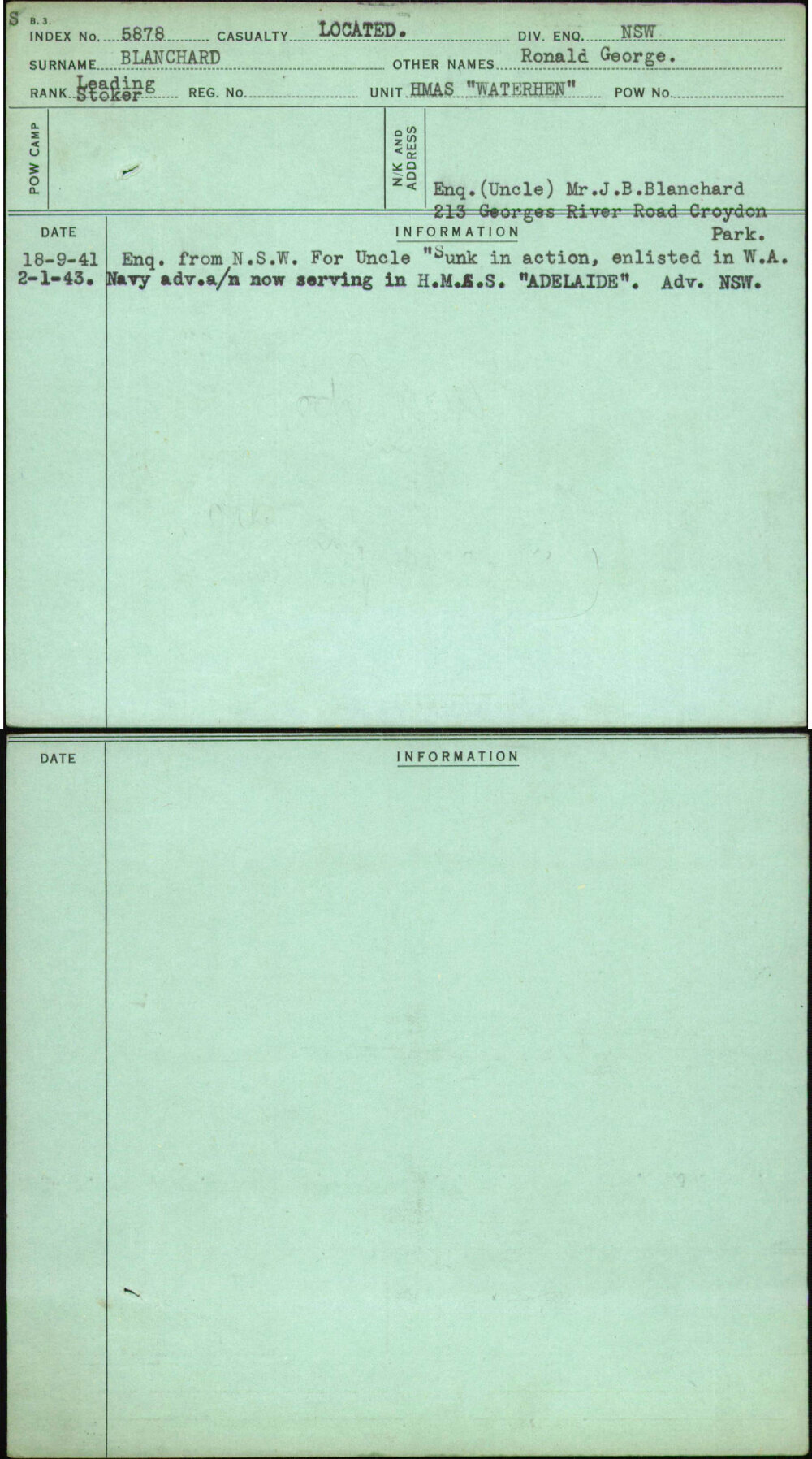 Blanchard, Ronald George, [No Service Number]