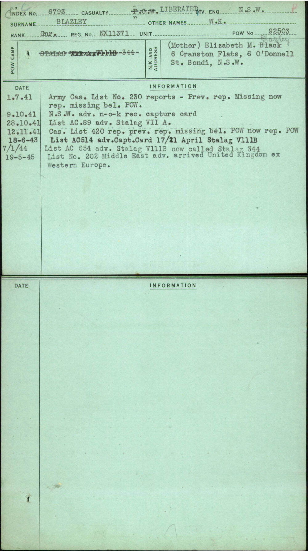 Blazley, W K, NX11371