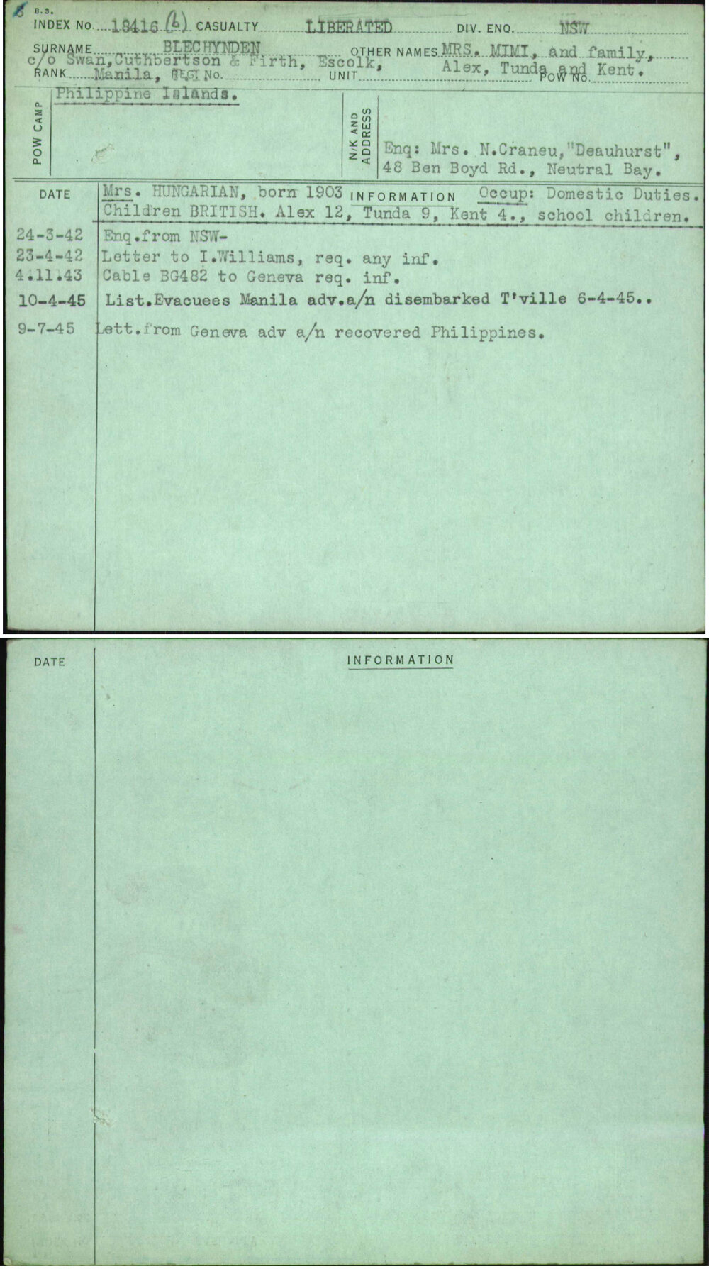 Blechynden, Mrs Mimi And Family Alex Tunda And Kent, [No Service Number]