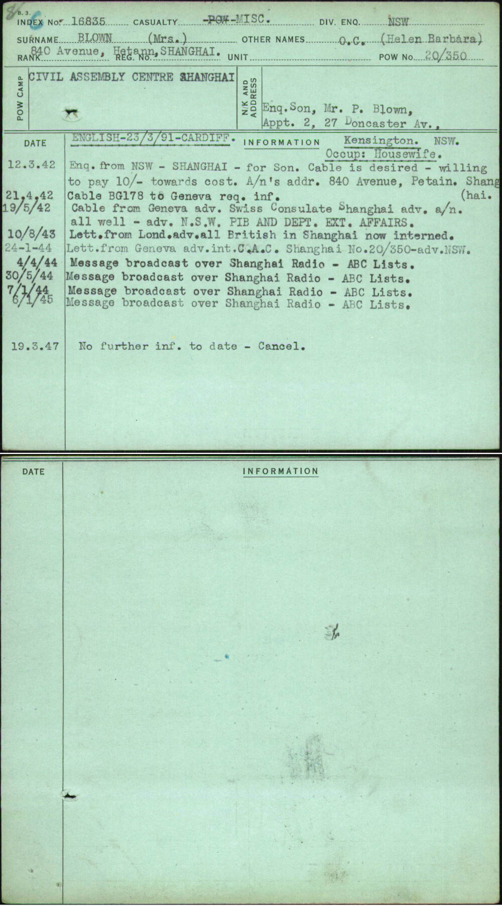 Blown (Mrs), O C (Helen Barbara), [No Service Number]