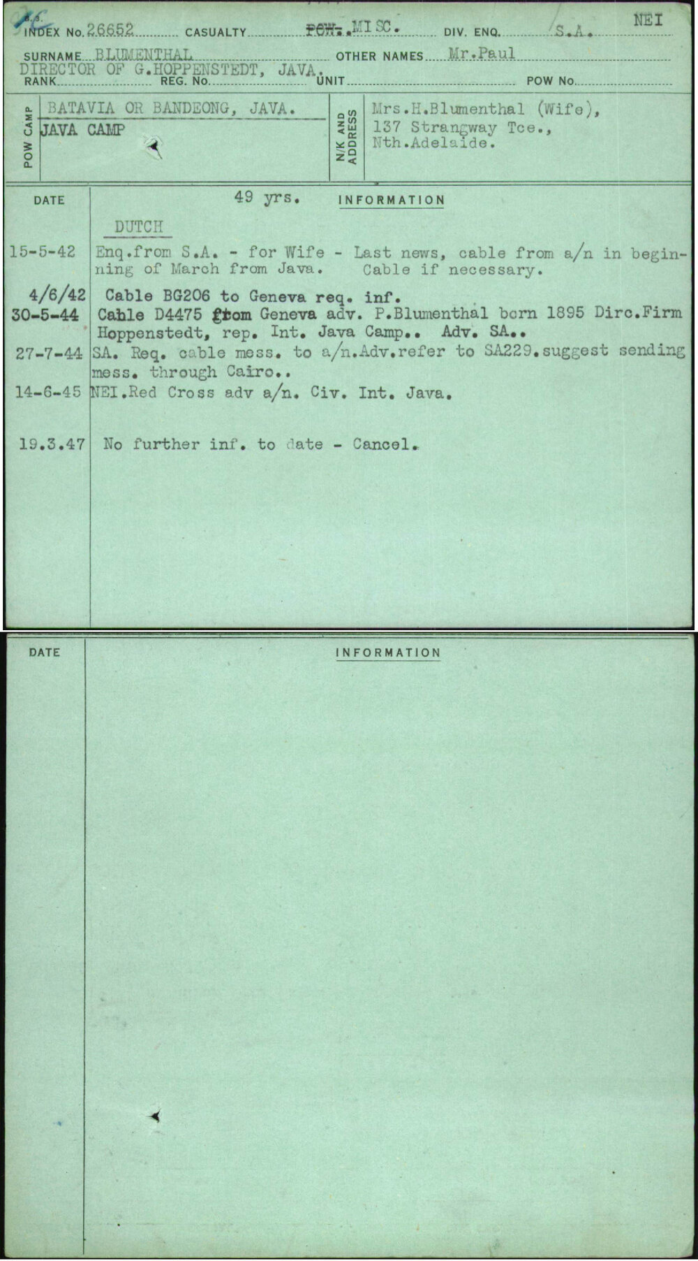 Blumenthal, Mr Paul, [No Service Number]