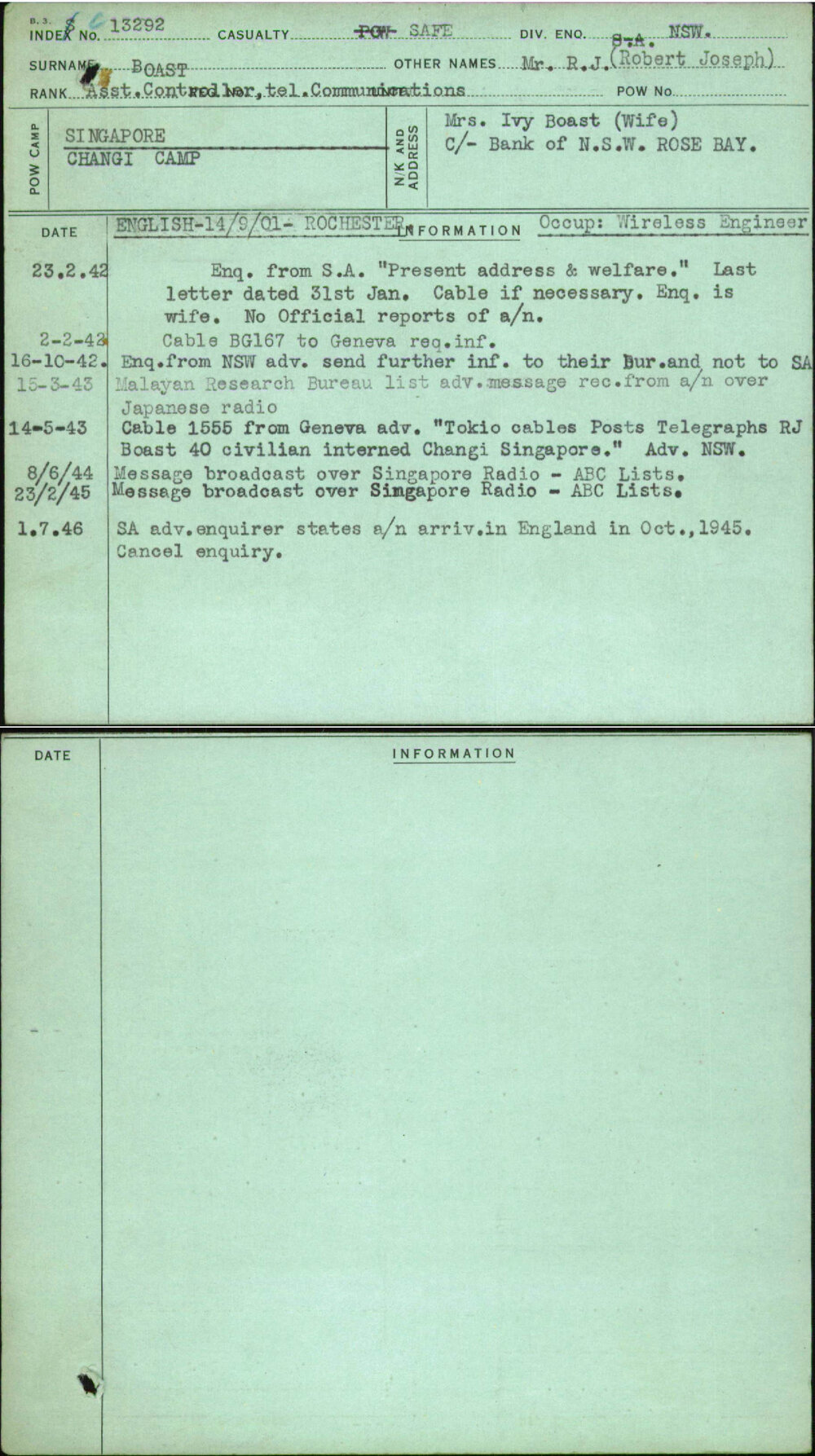 Boast, Mr R J (Robert Joseph), [No Service Number]