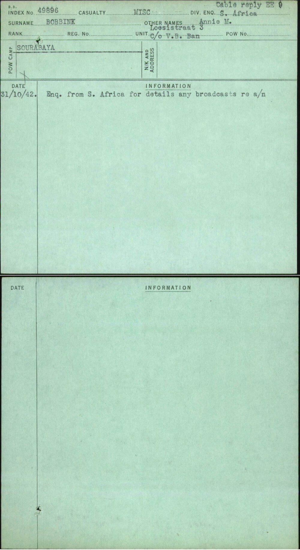Bobbink, Annie M, [No Service Number]