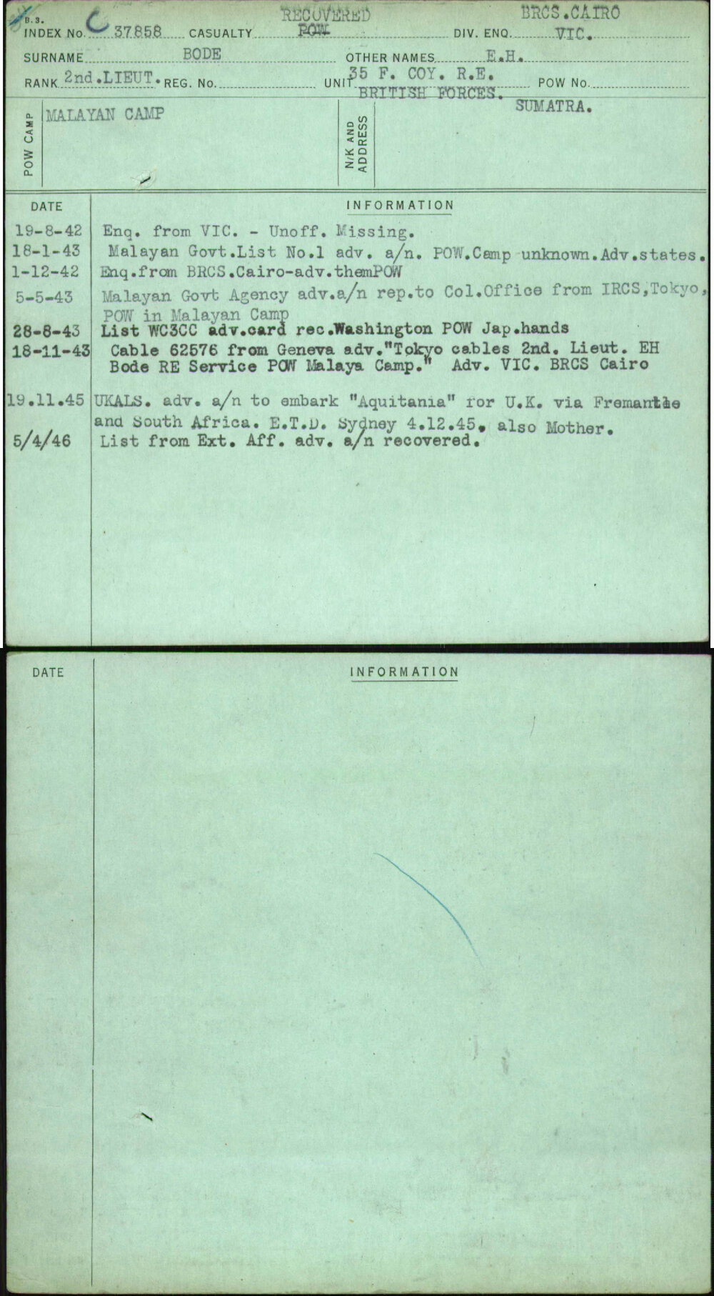 Bode, E H, [No Service Number]