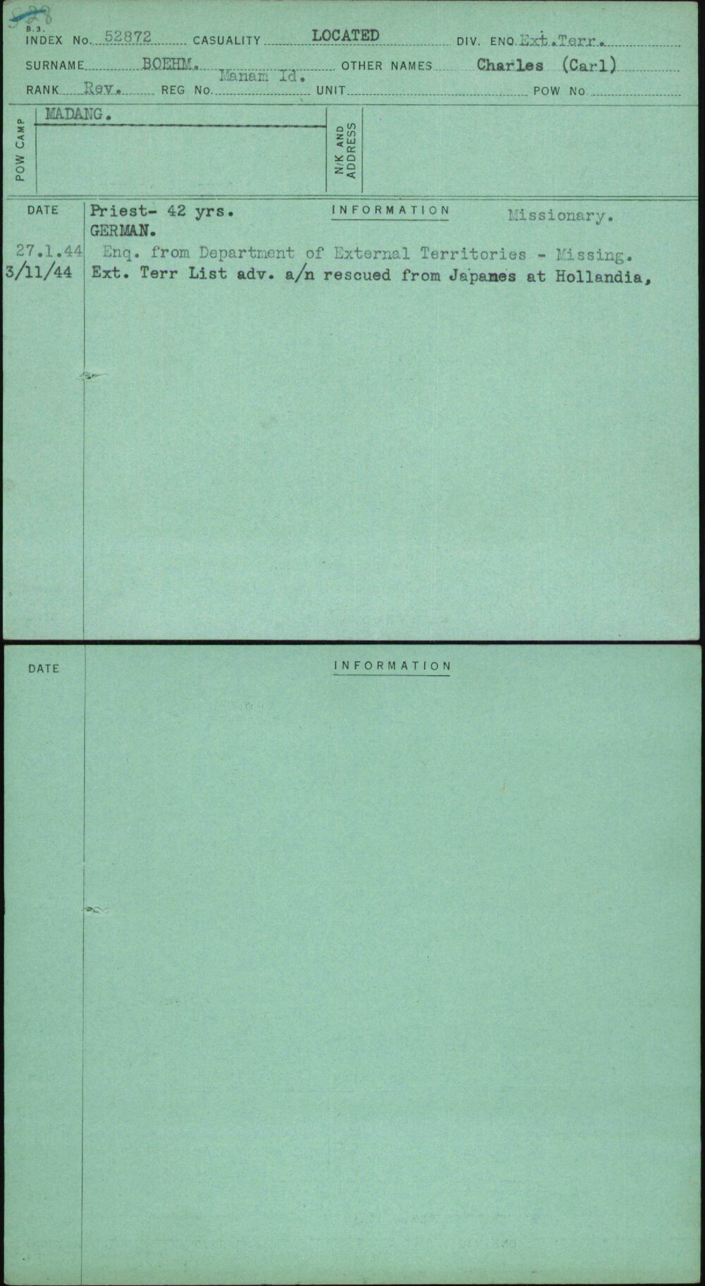 Boehm, Charles (Carl), Manam Id