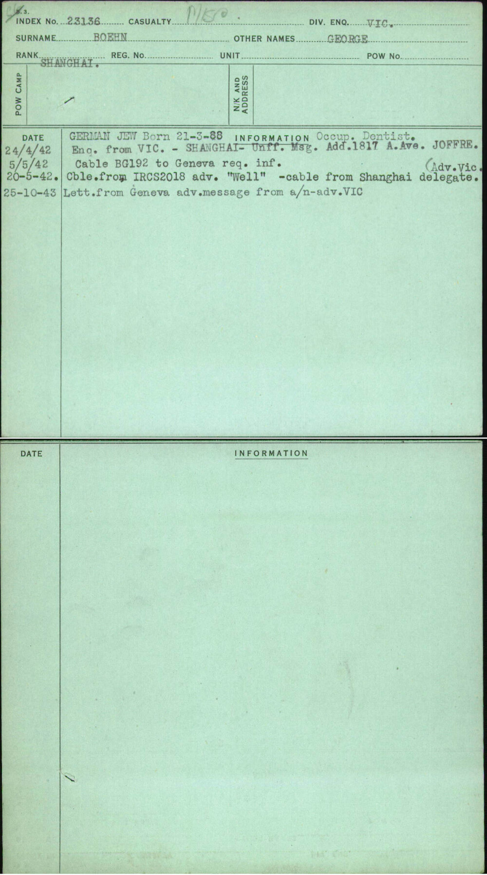 Boehn, George, [No Service Number]