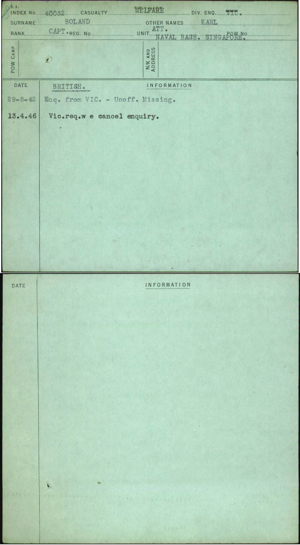 Boland, Karl, [No Service Number]