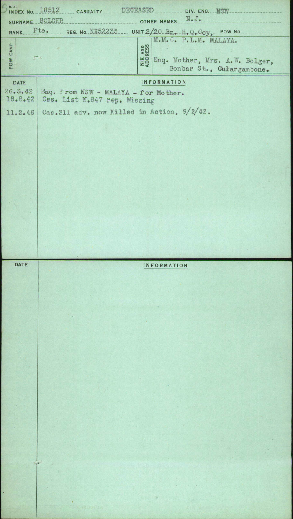 Bolger, N J, NX52235