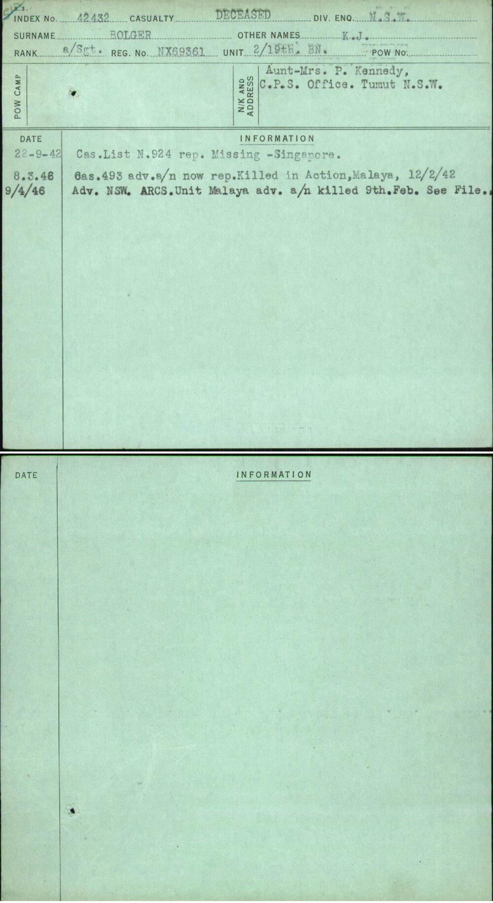 Bolger, K J, NX69361