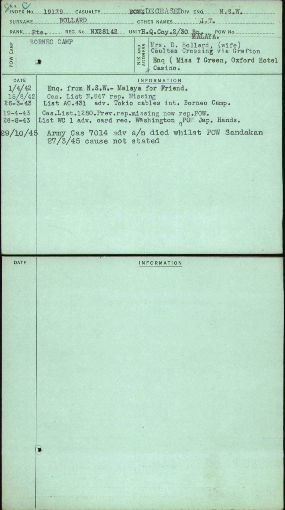 Bollard, J T, NX28142