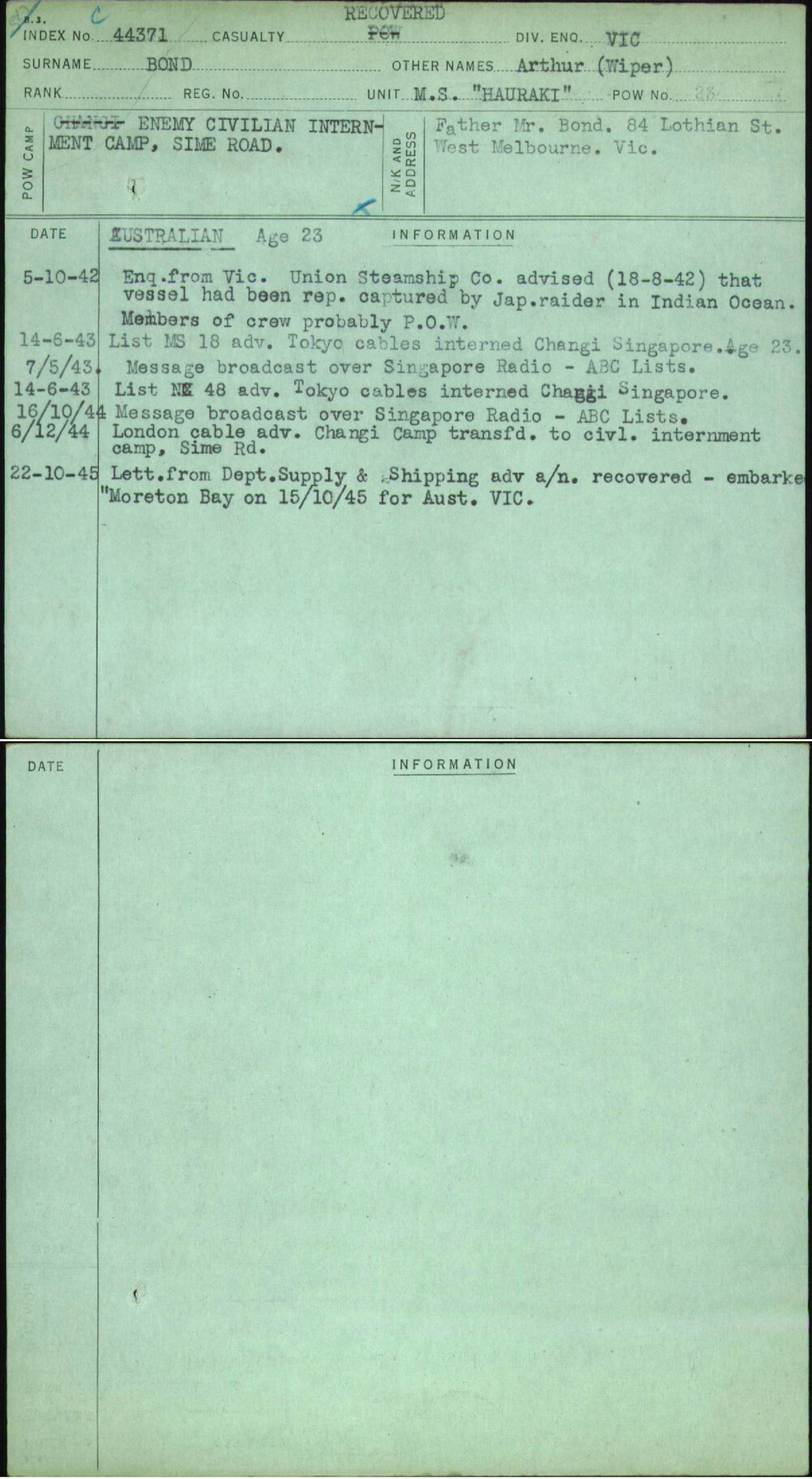 Bond, Arthur (Wiper), [No Service Number]