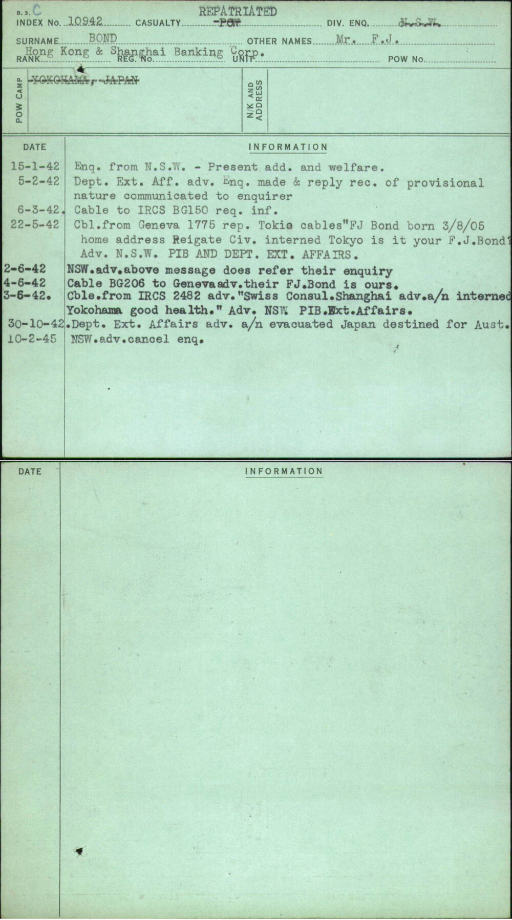 Bond, Mr F J, [No Service Number]