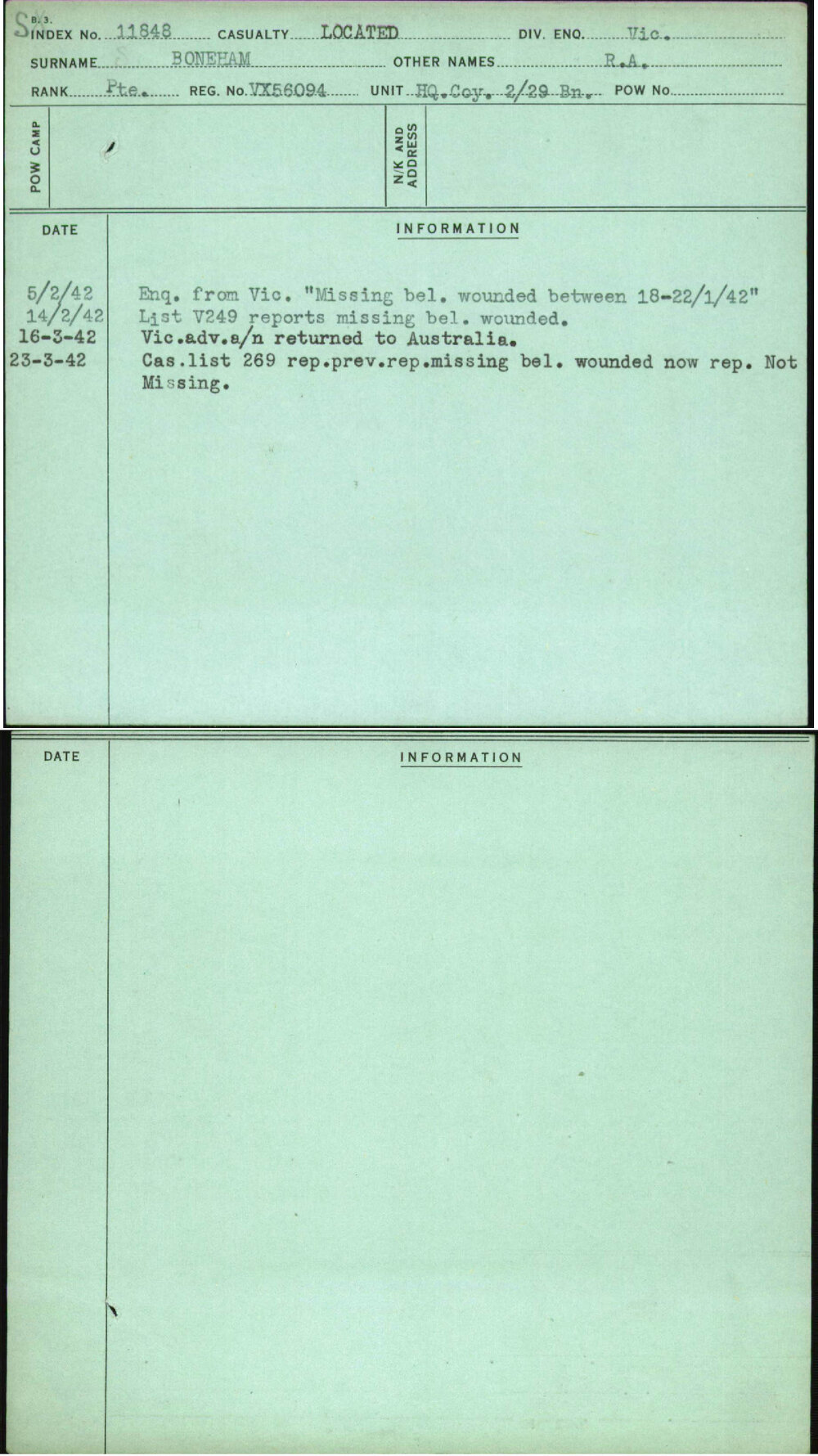 Boneham, R A, VX56094