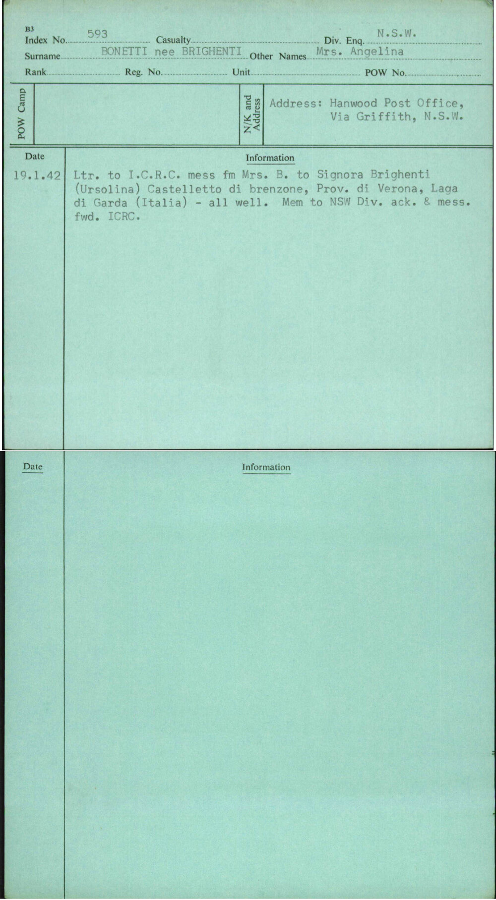 Bonetti Nee Brighenti, Mrs Angelina, [No Service Number]