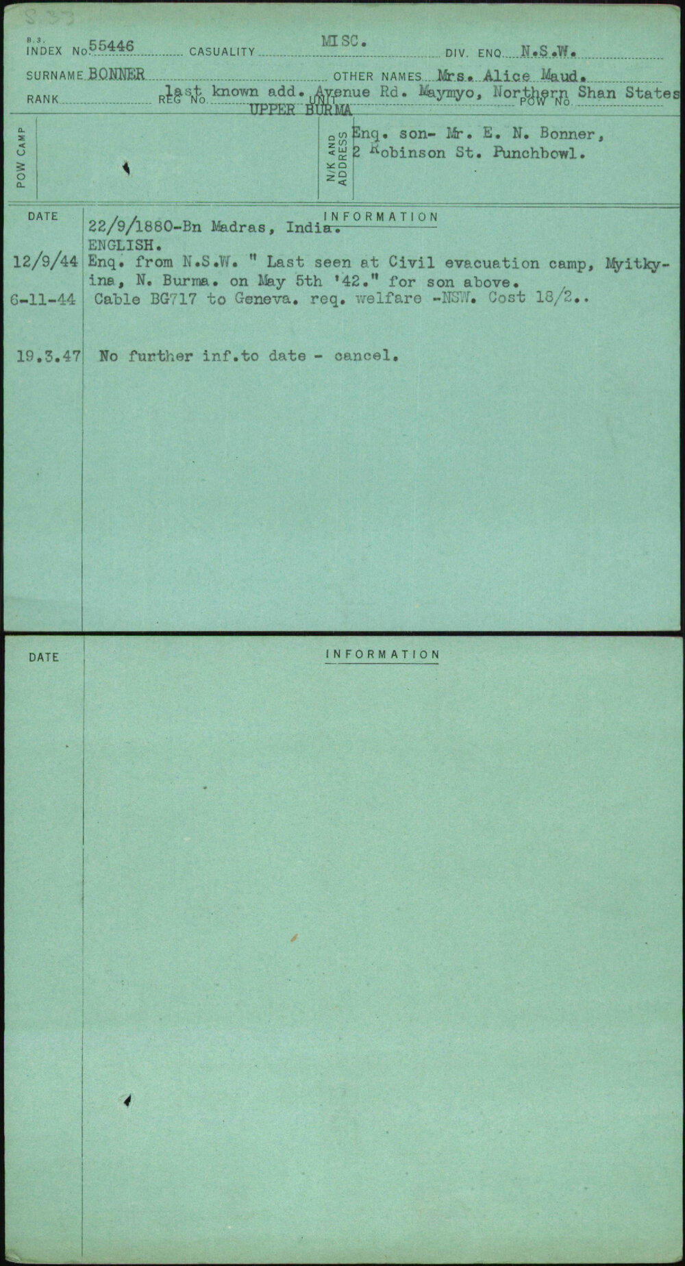 Bonner, Mrs Alice Maud, Upper Burma