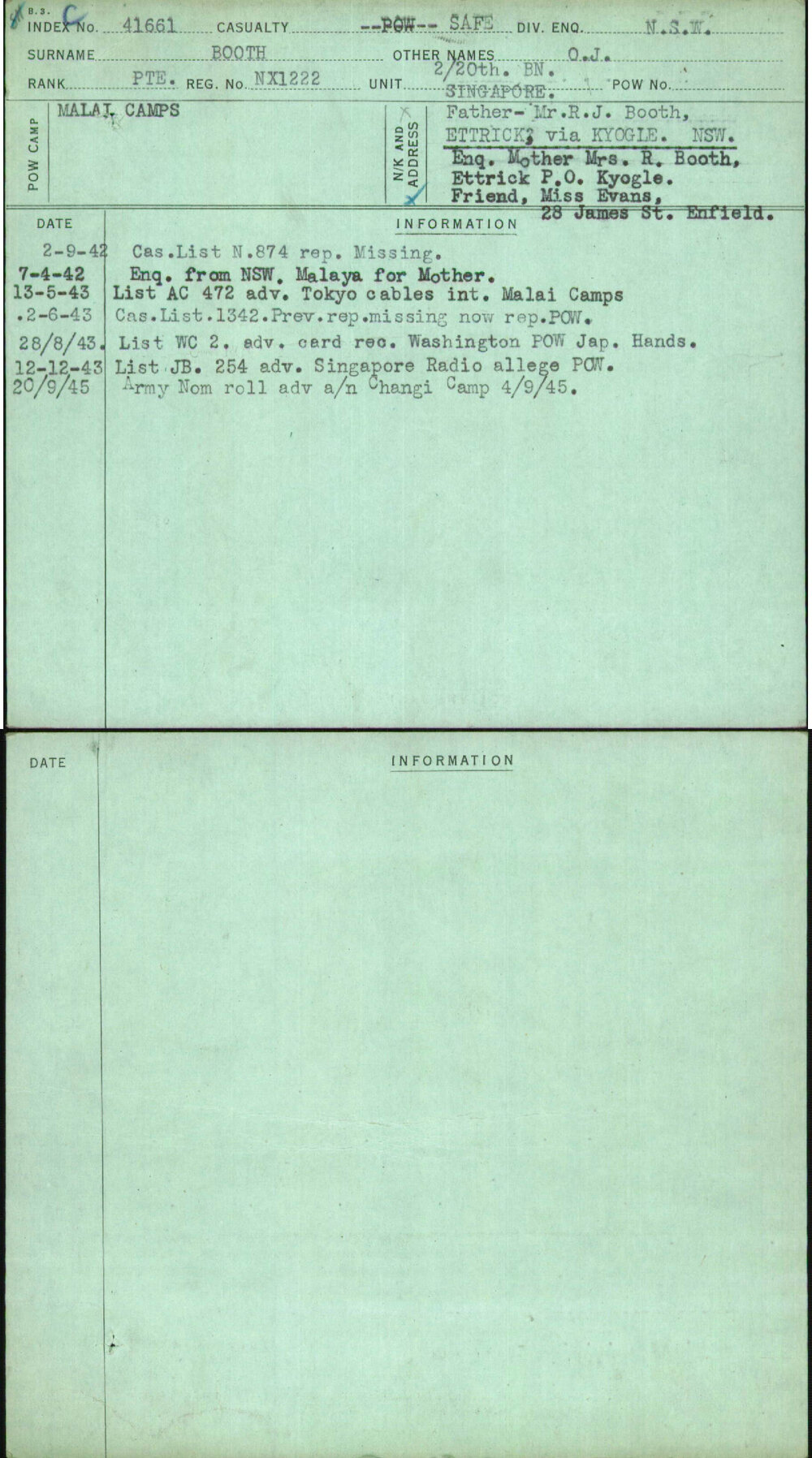 Booth, O J, NX1222