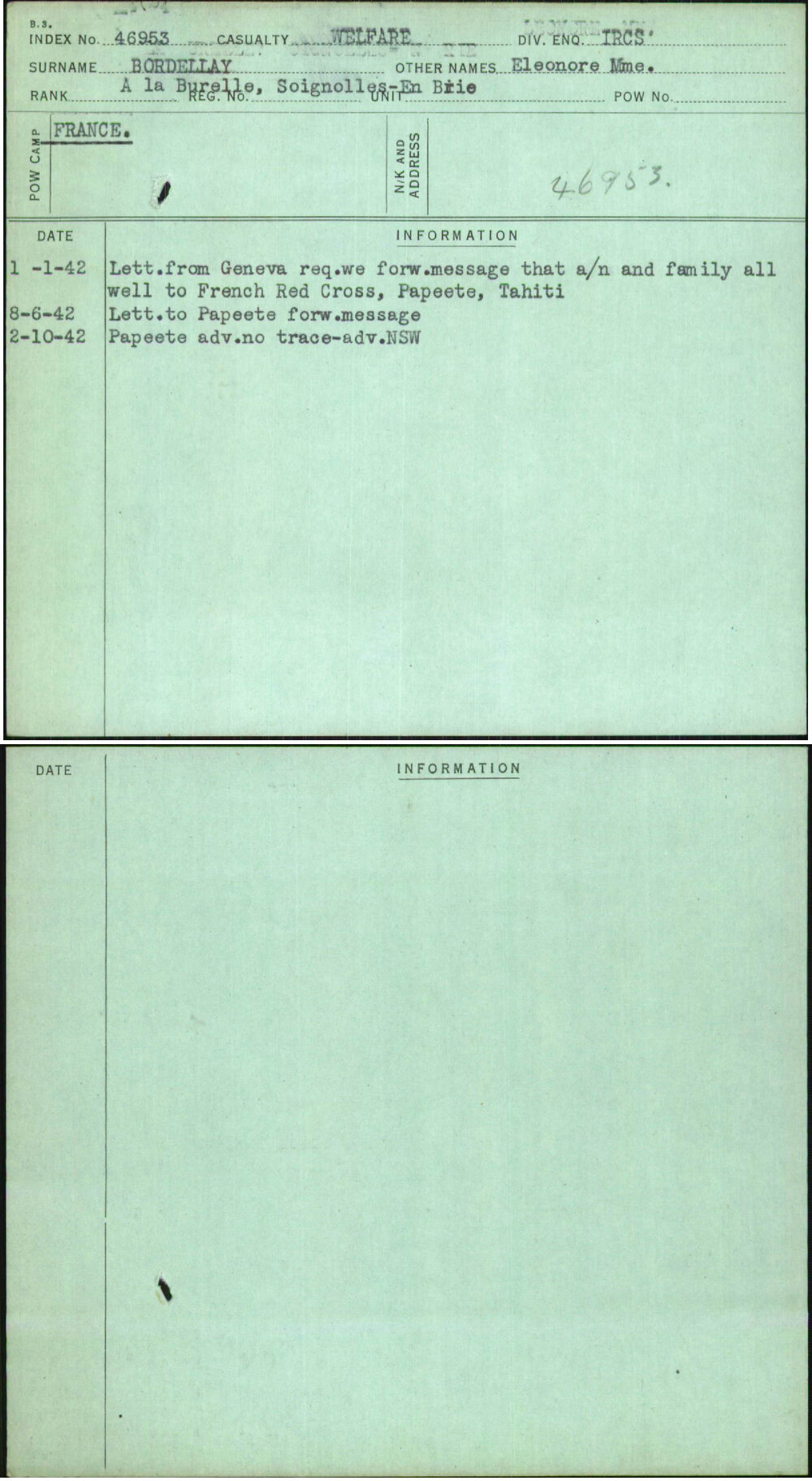 Bordellay, Eleonore Mme, [No Service Number]