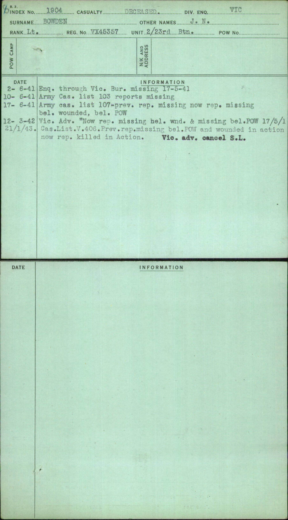 Bowden, J N, VX45357