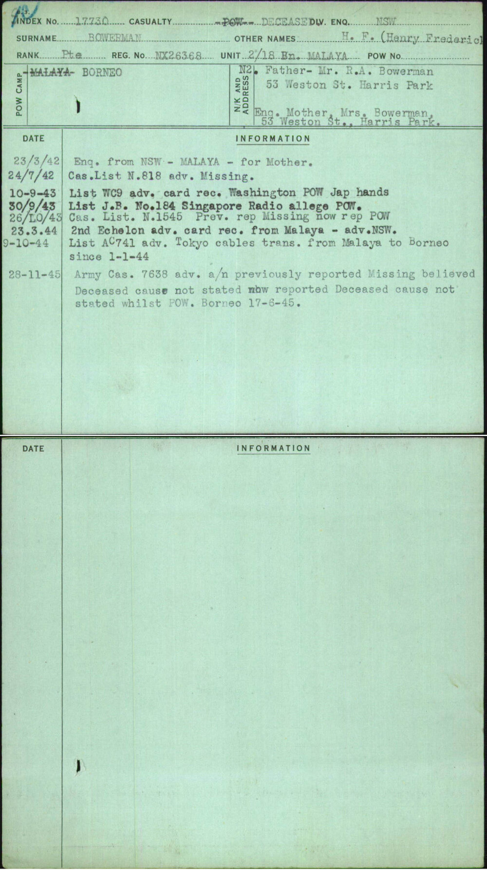 Bowerman, Henry Frederick, NX26368