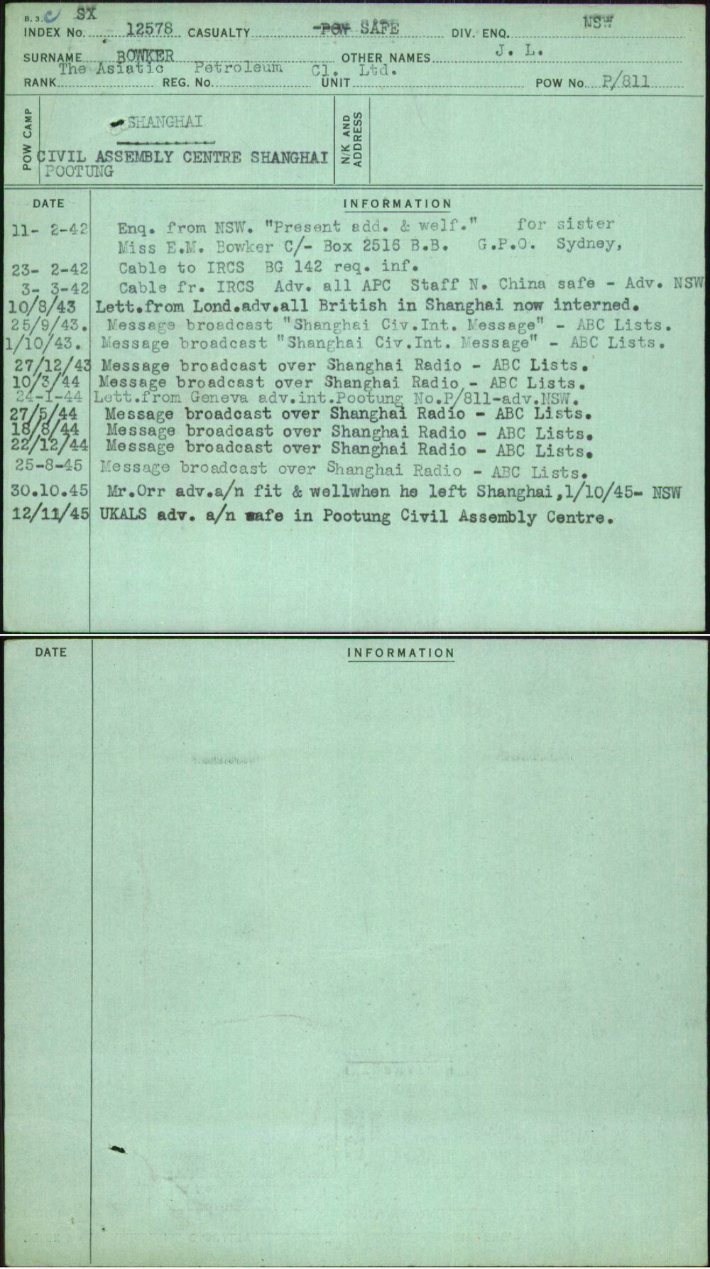 Bowker, J L, [No Service Number]