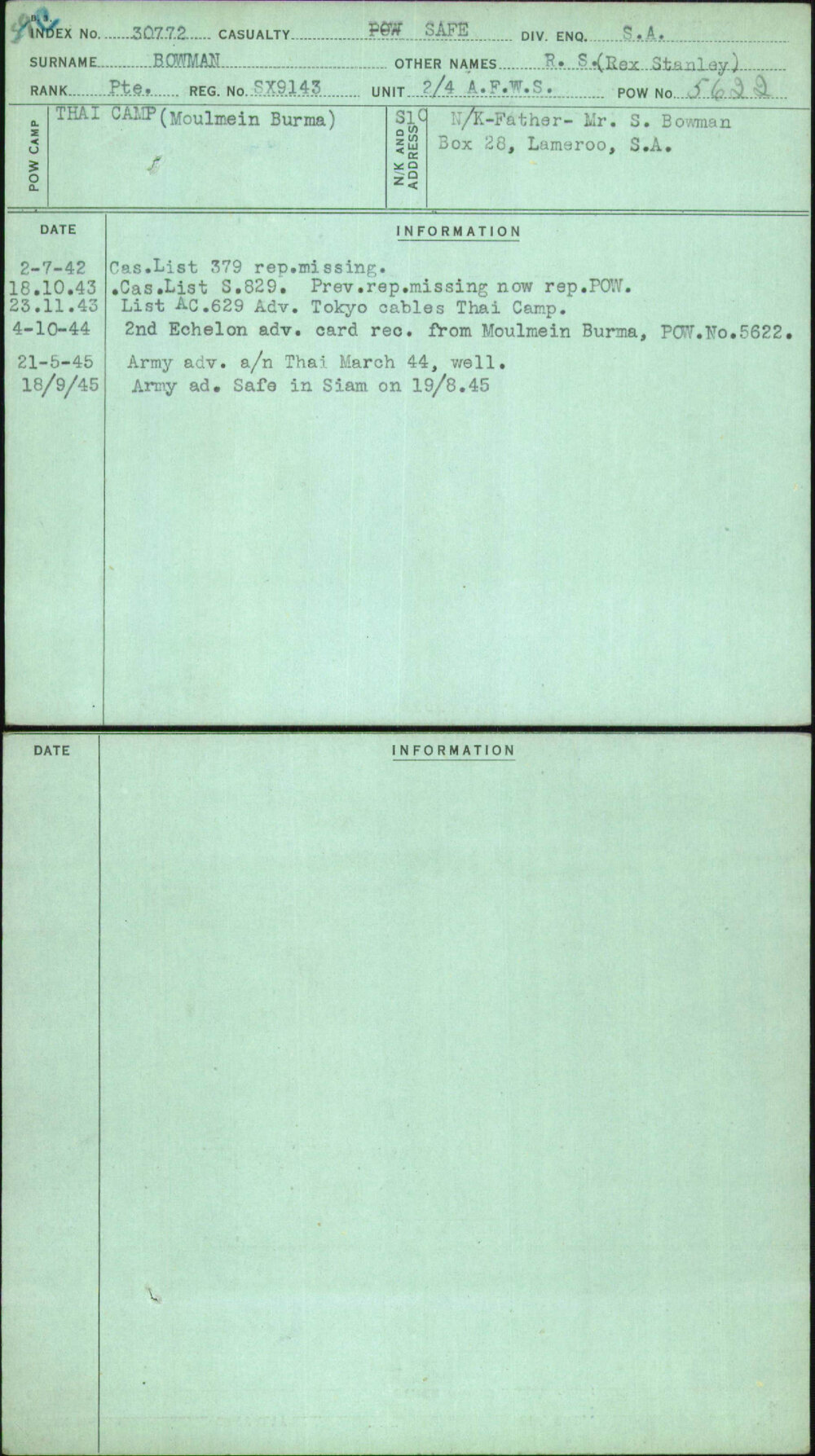 Bowman, R S (Rex Stanley), SX9143