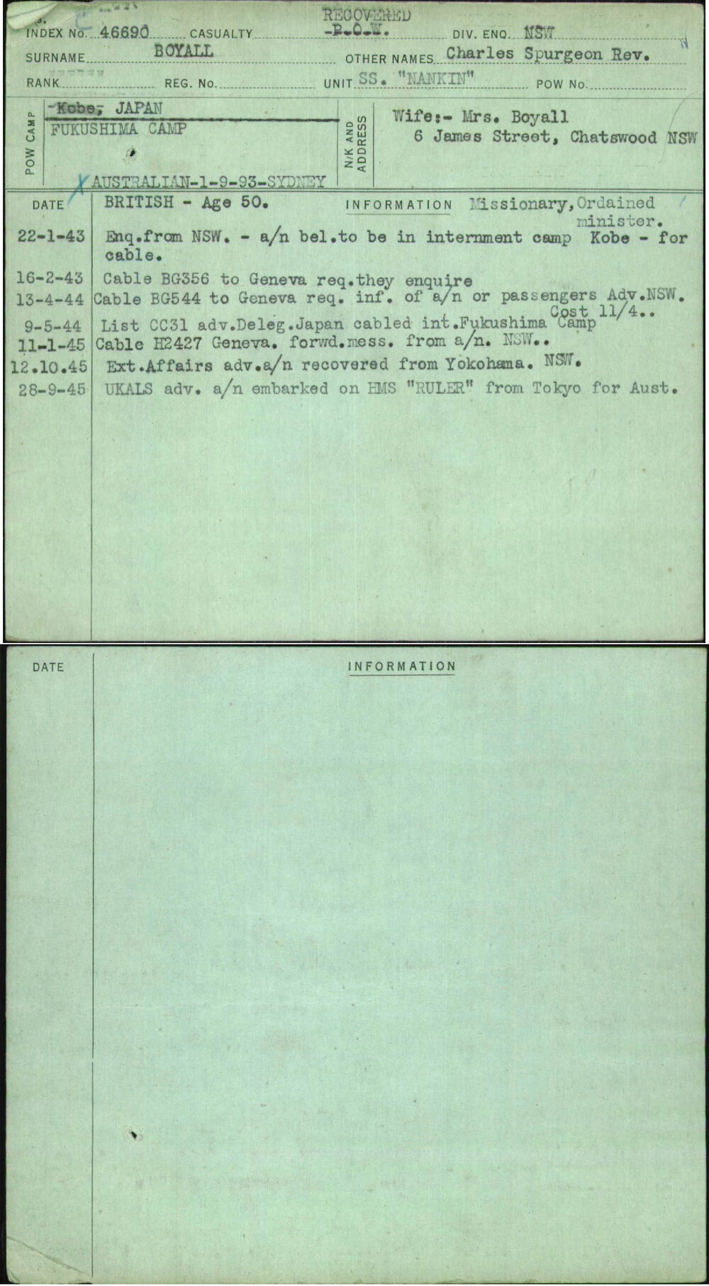 Boyall, Charles Spurgeon Rev, [No Service Number]