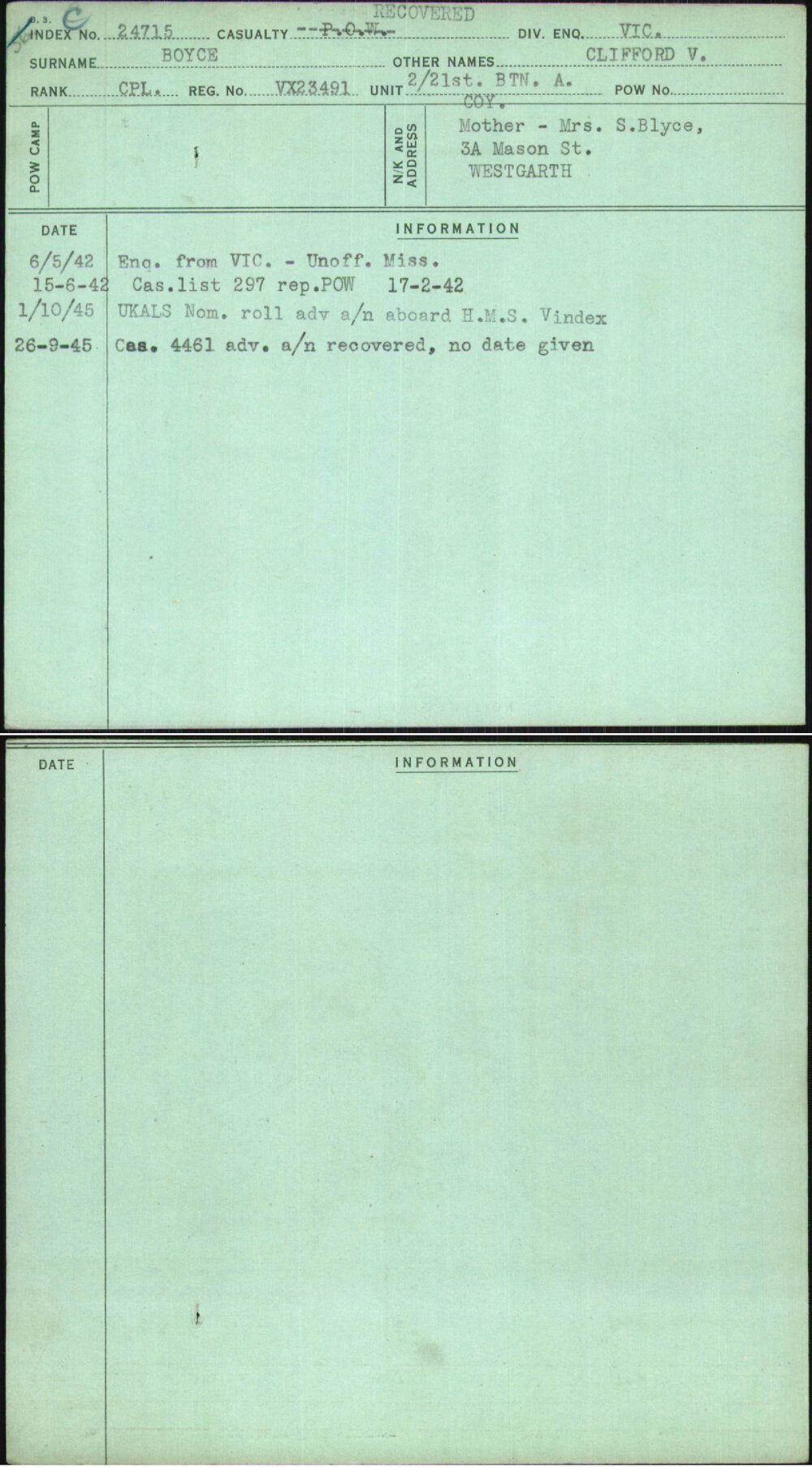 Boyce, Clifford V, VX23491