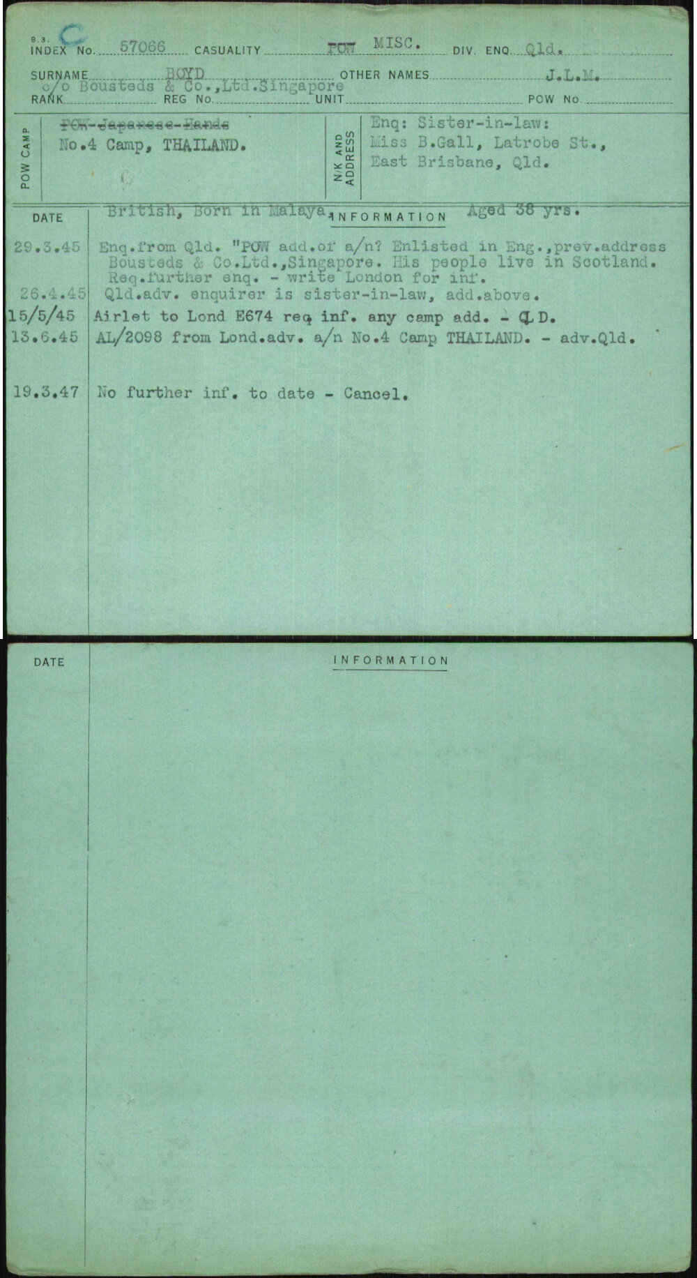 Boyd, J L M, [No Service Number]