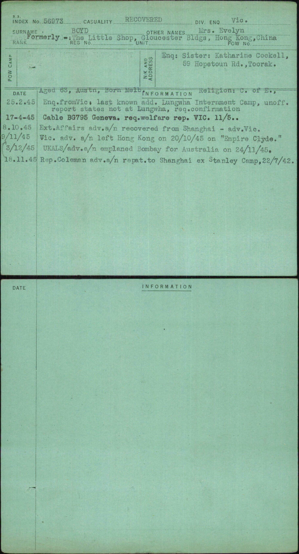 Boyd, Mrs Evelyn, [No Service Number]