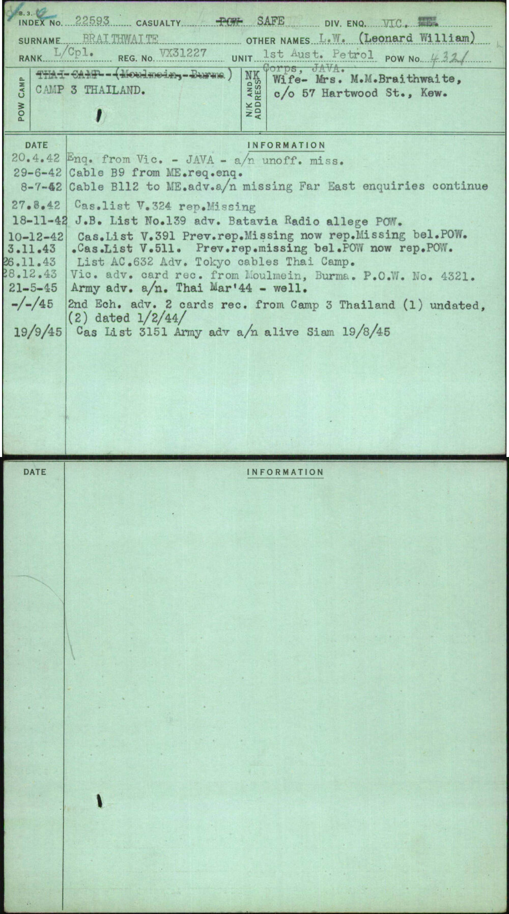 Braithwaite, L W (Leonard William), VX31227