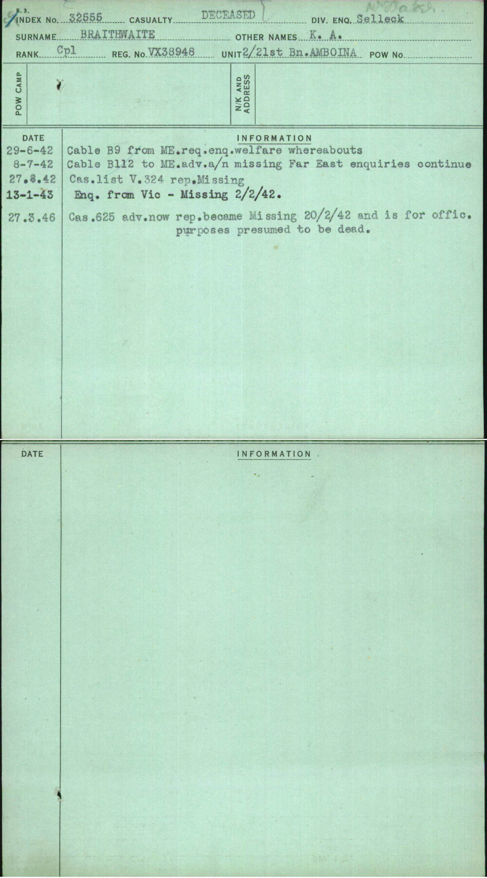 Braithwaite, K A, VX38948