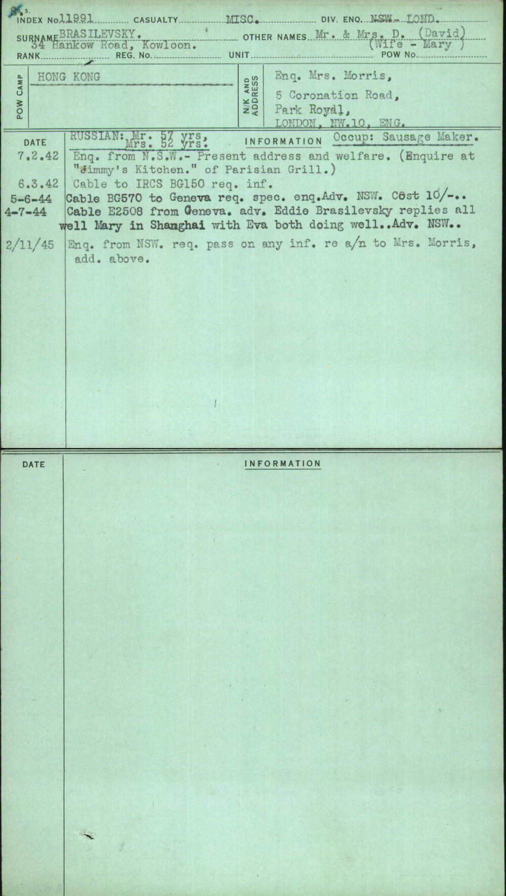Brasilevsky, Mr &amp; Mrs D (David) (Wife-Mary), [No Service Number]