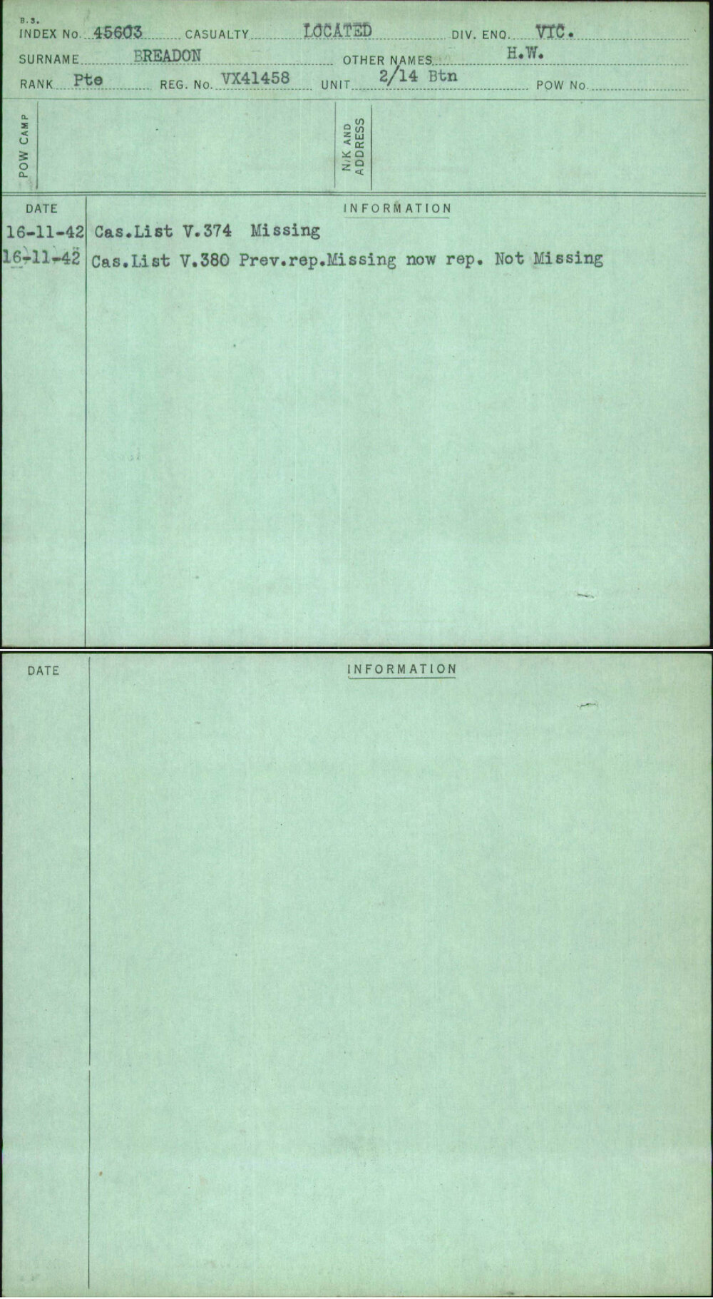 Breadon, H W, VX41458