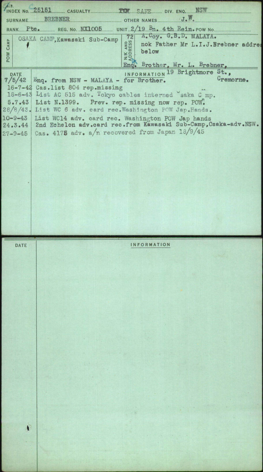 Brebner, J W, NX1005