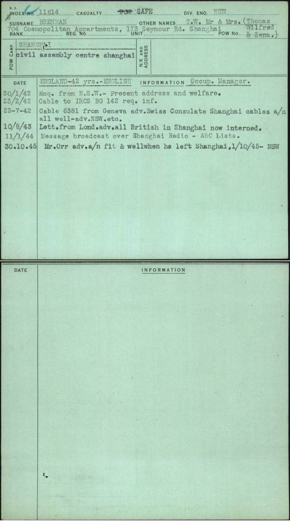 Brennan, T W Mr &amp; Mrs (Thomas Wilfred &amp; Zena), [No Service Number]