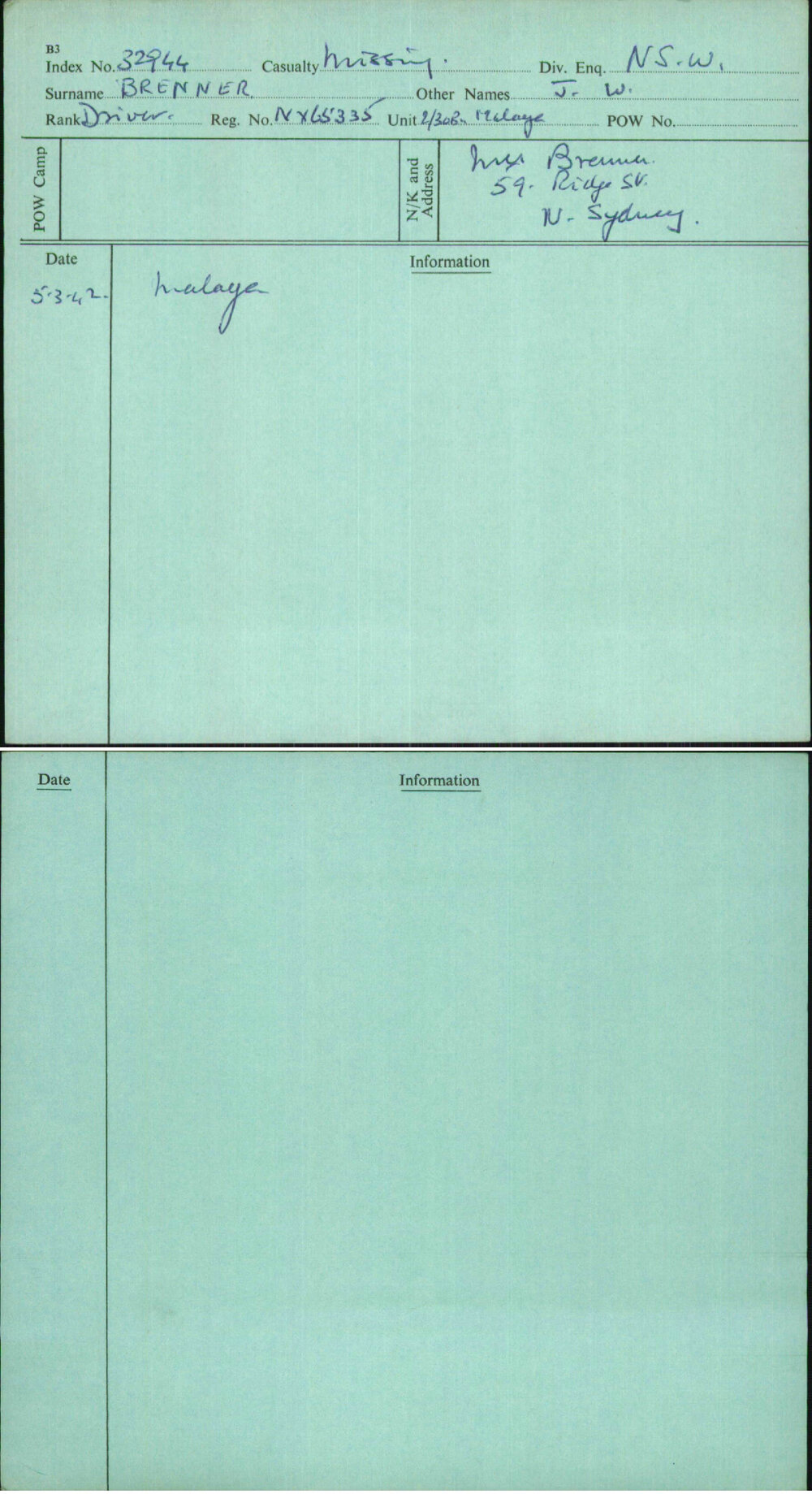 Brenner, J W, NX65335