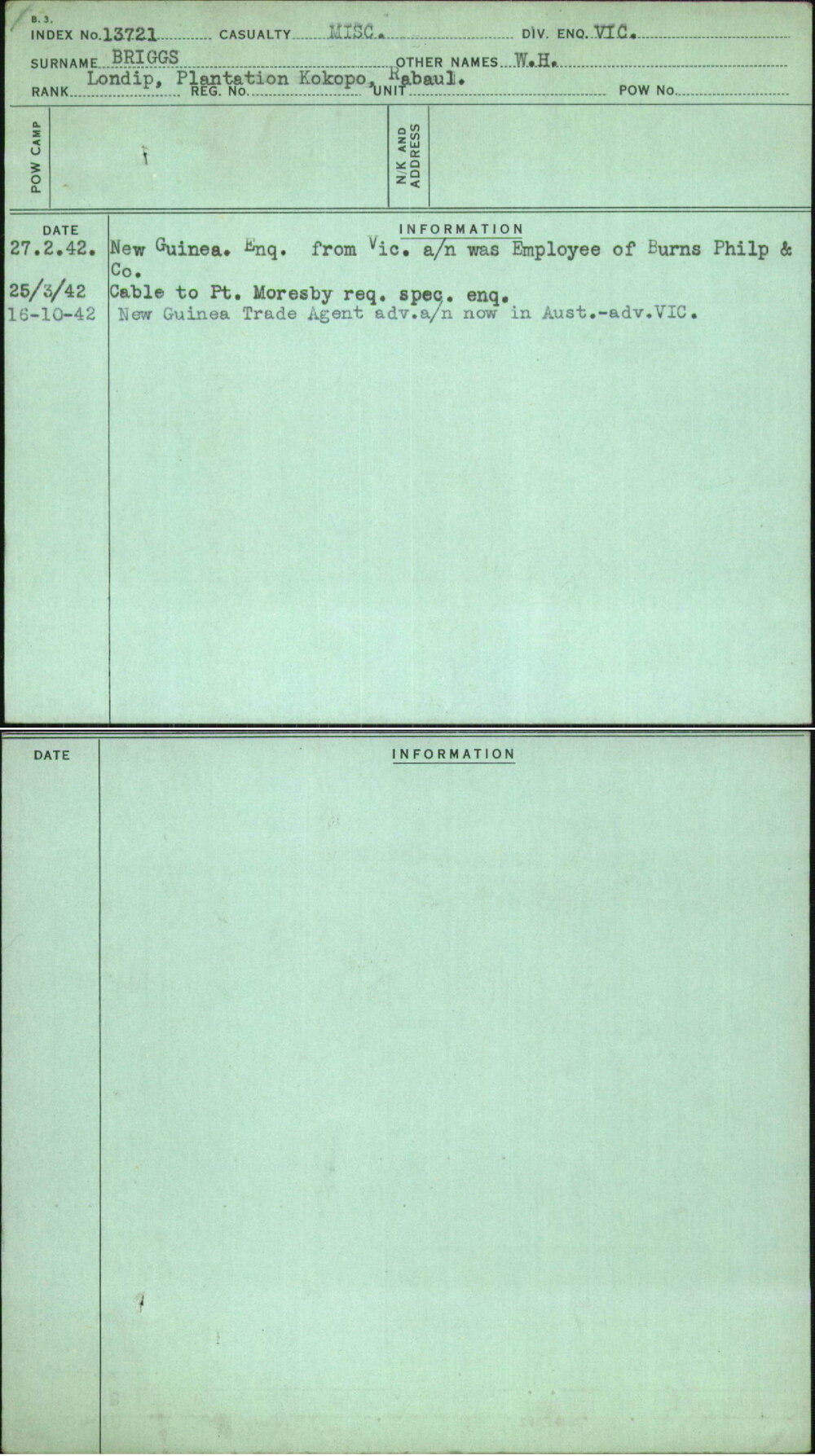 Briggs, W H, [No Service Number]