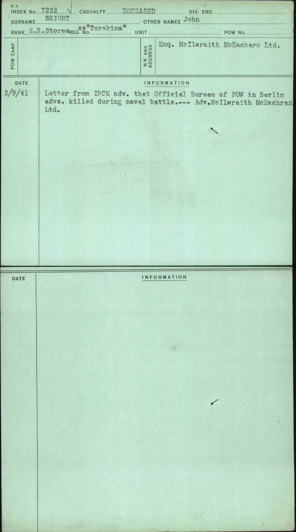 Bright, John, Ss Turakina