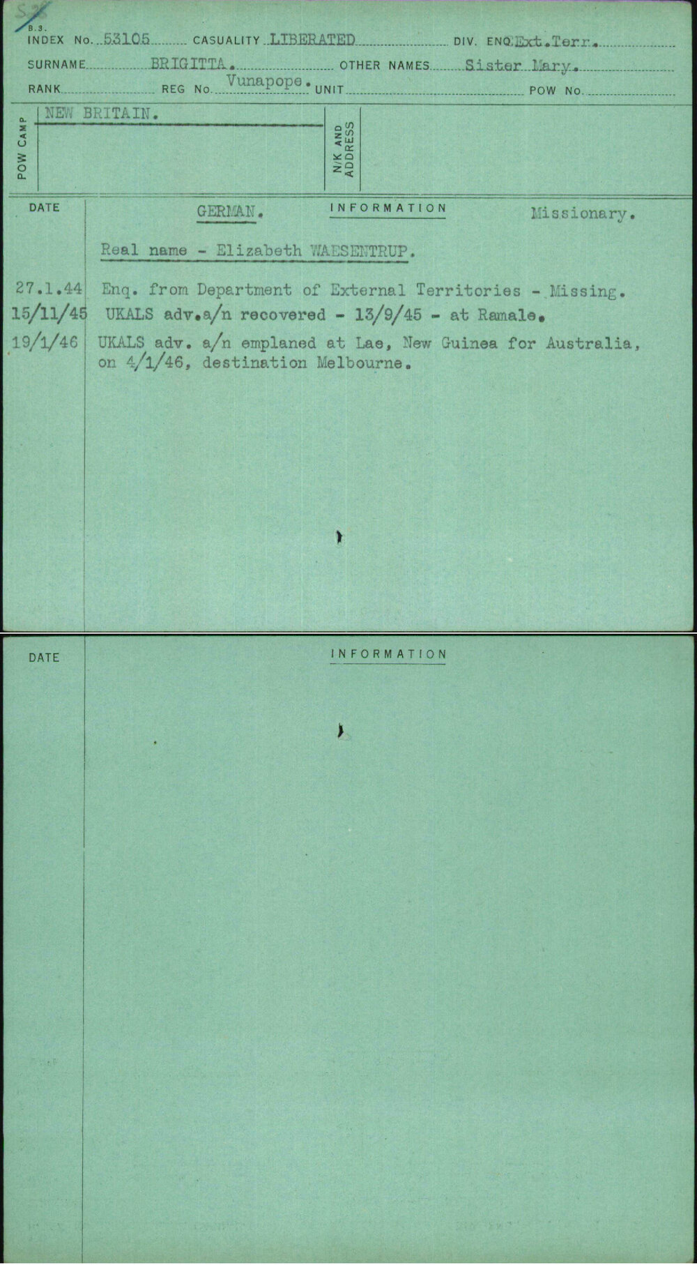 Brigitta, Sister Mary, Vunapope