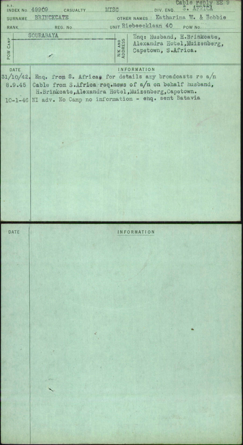 Brinckcate, Katharina W &amp; Bobbie, [No Service Number]