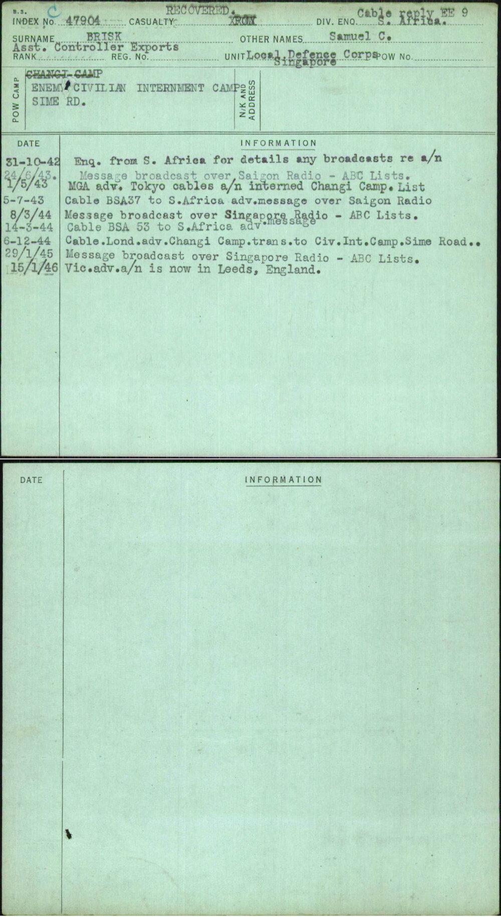 Brisk, Samuel C, [No Service Number]